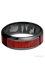 8 mm wide/High Bevel/Zirconium band with one 4 mm Centered inlay of Blood Wood.