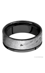 8 mm wide/Flat/Zirconium band with one 6 mm Off Center Edge inlay of Meteorite.