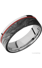 7 mm wide/Flat/Cobalt Chrome band with one 5 mm Off Center Edge inlay of Forged Carbon Fiber.