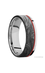 7 mm wide/Flat/Cobalt Chrome band with one 5 mm Off Center Edge inlay of Forged Carbon Fiber.