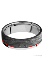7 mm wide/Flat/Cobalt Chrome band with one 5 mm Off Center Edge inlay of Forged Carbon Fiber.