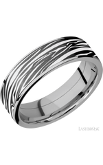 7 mm wide/Flat/Titanium band with one 6 mm Centered inlay of Zirconium with a laser carved Zebra pattern.