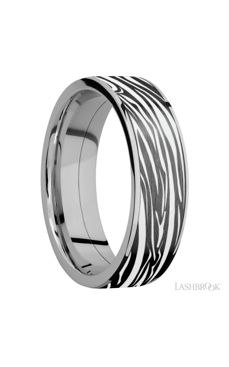 7 mm wide/Flat/Titanium band with one 6 mm Centered inlay of Zirconium with a laser carved Zebra pattern.