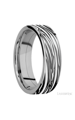 7 mm wide/Flat/Titanium band with one 6 mm Centered inlay of Zirconium with a laser carved Zebra pattern.