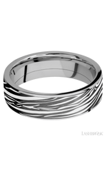 7 mm wide/Flat/Titanium band with one 6 mm Centered inlay of Zirconium with a laser carved Zebra pattern.