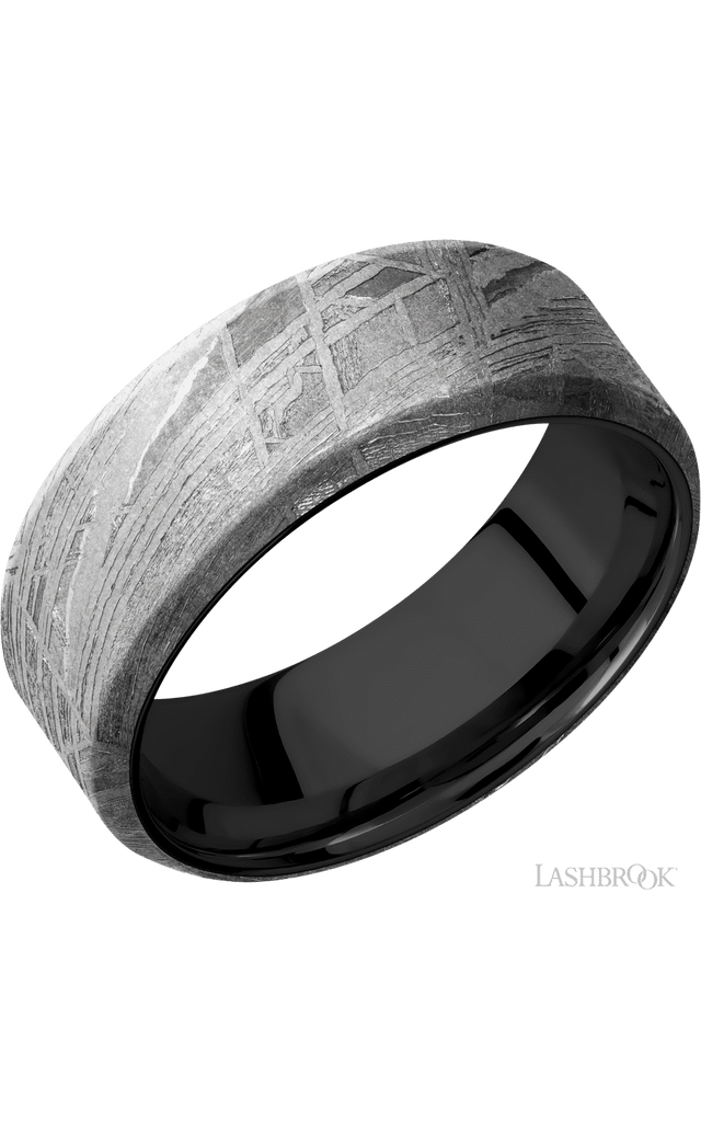 8 mm wide Beveled Meteorite band featuring a Zirconium sleeve.