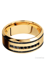 9 mm wide/High Bevel/14K Yellow Gold band with  two 1 mm Wide inlays of Black Onyx and featuring an  arrangement of 9, .03 carat Round Black Diamond stones in a Channel setting