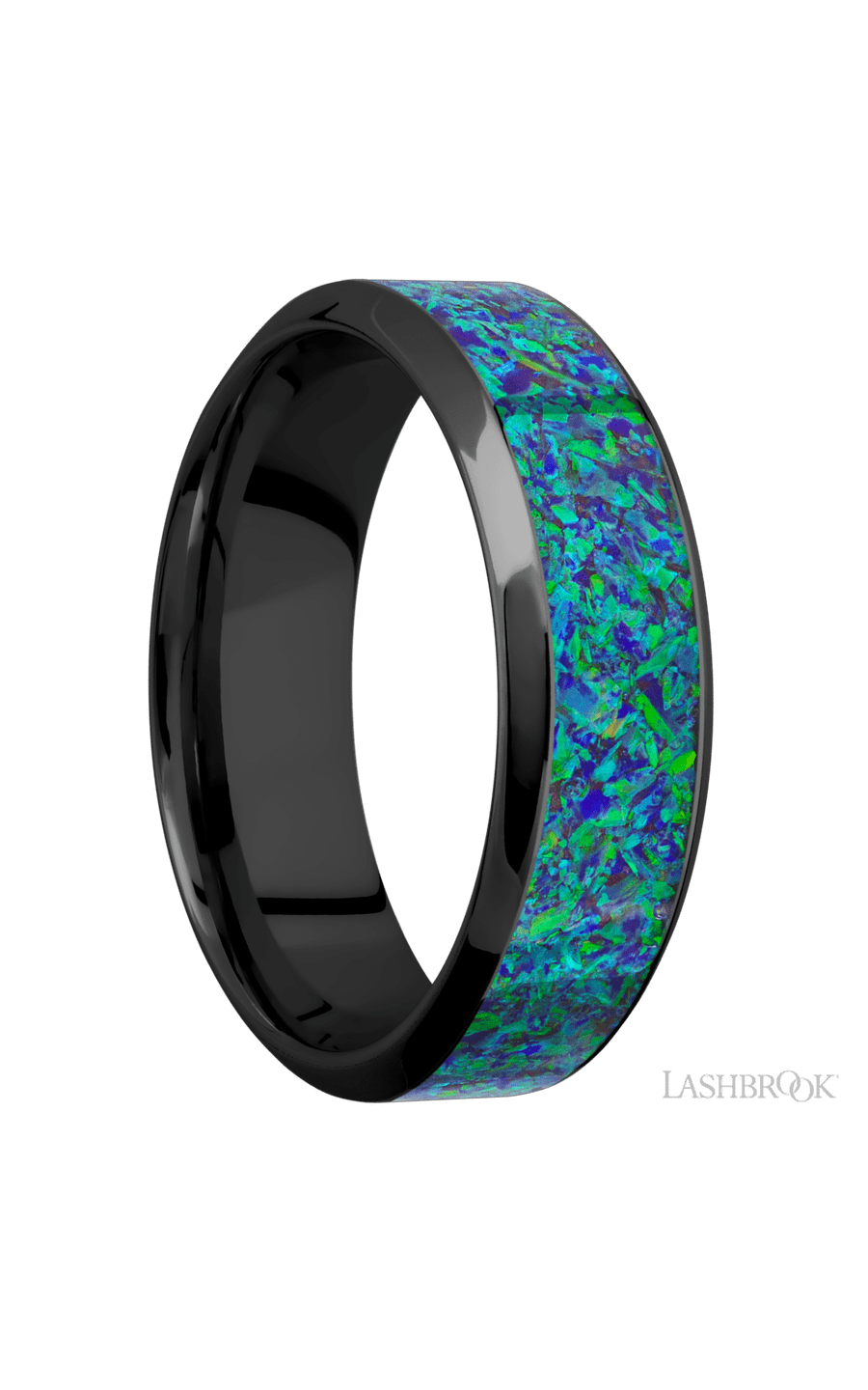 7 mm wide/High Bevel/Zirconium band with one 4 mm Centered inlay of Green Opal.