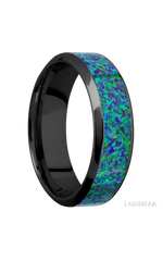 7 mm wide/High Bevel/Zirconium band with one 4 mm Centered inlay of Green Opal.