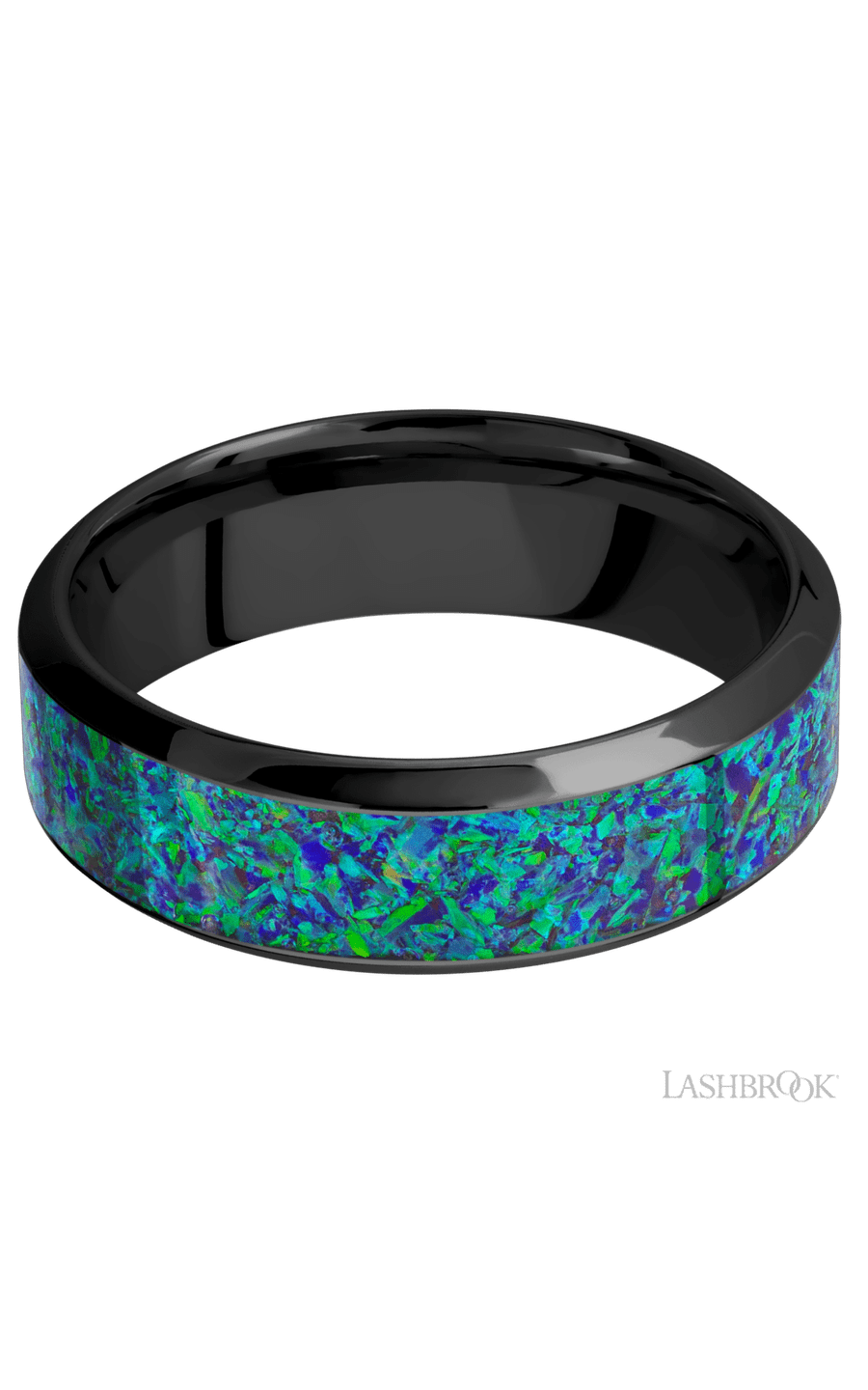 7 mm wide/High Bevel/Zirconium band with one 4 mm Centered inlay of Green Opal.