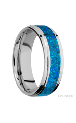 7 mm wide/Flat Grooved Edges/Cobalt Chrome band with one 4 mm Centered inlay of Blue Opal.