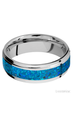7 mm wide/Flat Grooved Edges/Cobalt Chrome band with one 4 mm Centered inlay of Blue Opal.
