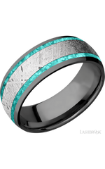 8 mm wide/Domed/Zirconium band featuring inlays of Teal Opal and Meteorite.