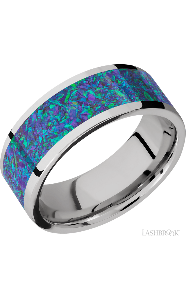 8 mm wide/Flat/Cobalt Chrome band with one 6 mm Centered inlay of Blue Green Opal.
