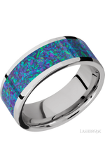 8 mm wide/Flat/Cobalt Chrome band with one 6 mm Centered inlay of Blue Green Opal.