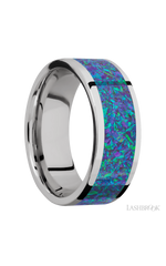 8 mm wide/Flat/Cobalt Chrome band with one 6 mm Centered inlay of Blue Green Opal.