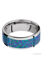 8 mm wide/Flat/Cobalt Chrome band with one 6 mm Centered inlay of Blue Green Opal.