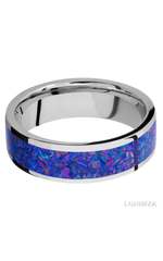 7 mm wide/Flat/Cobalt Chrome band with one 5 mm Centered inlay of Purple Opal.