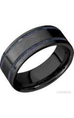 8 mm wide/Flat/Zirconium band with two 1 mm Wide inlays of Sodalite.