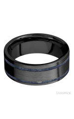 8 mm wide/Flat/Zirconium band with two 1 mm Wide inlays of Sodalite.