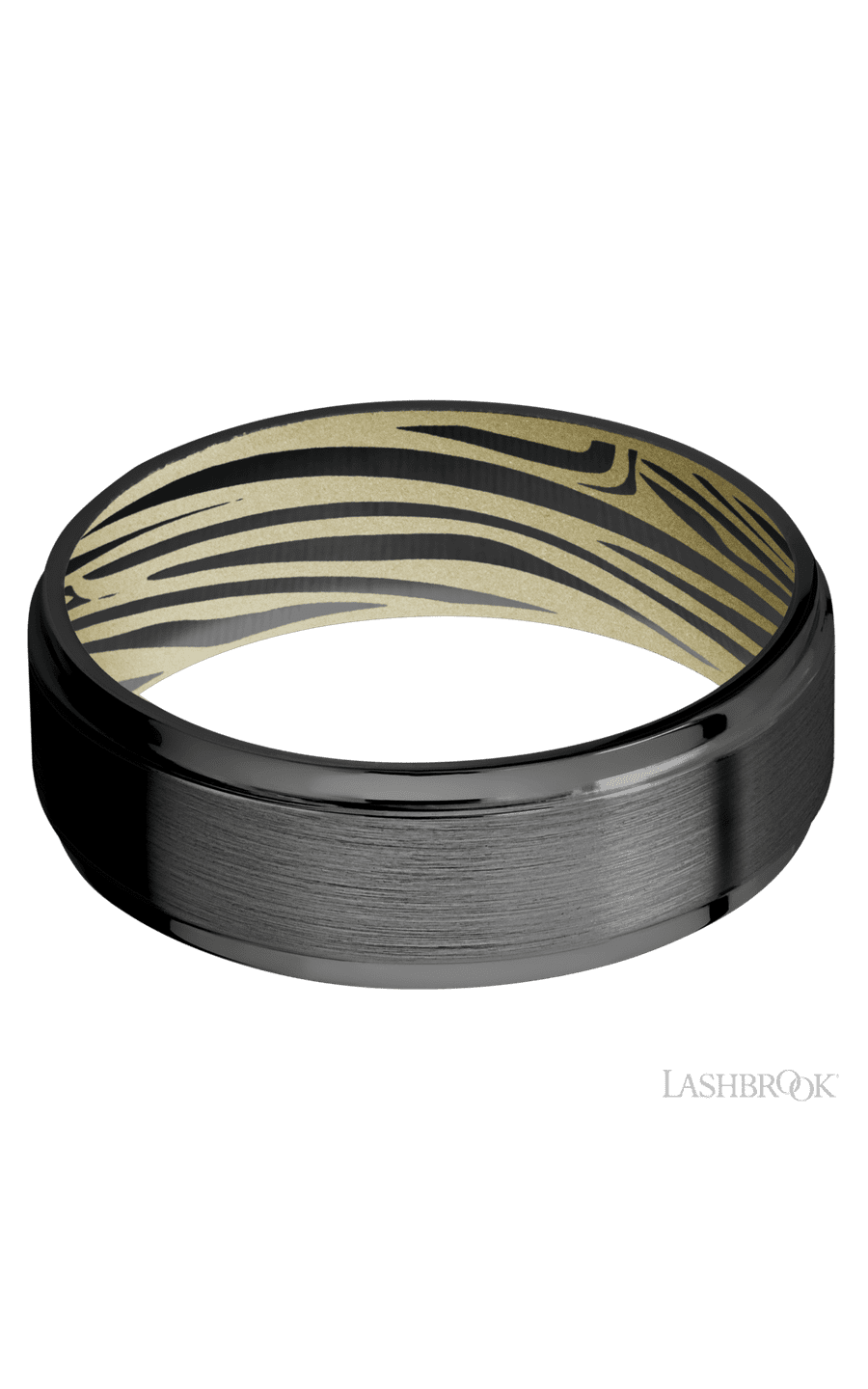 7 mm wide Flat Grooved Edges Zirconium band featuring a Bright Nickel sleeve.