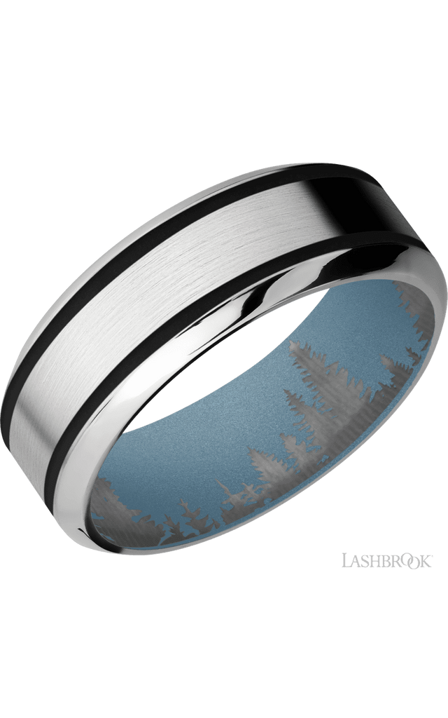 8 mm wide/High Bevel/Cobalt Chrome band with two 1 mm Wide inlays of Black also featuring a Polar Blue sleeve.