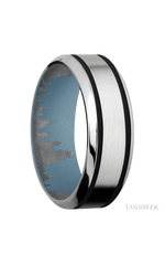 8 mm wide/High Bevel/Cobalt Chrome band with two 1 mm Wide inlays of Black also featuring a Polar Blue sleeve.