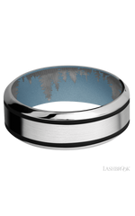 8 mm wide/High Bevel/Cobalt Chrome band with two 1 mm Wide inlays of Black also featuring a Polar Blue sleeve.