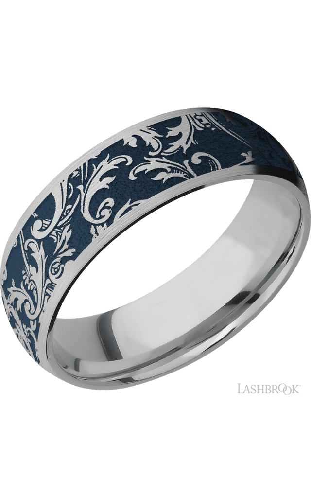 7 mm wide/Domed/Titanium band with a laser carved Black Leaf pattern.