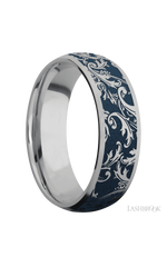 7 mm wide/Domed/Titanium band with a laser carved Black Leaf pattern.