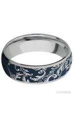 7 mm wide/Domed/Titanium band with a laser carved Black Leaf pattern.