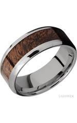 8 mm wide/Beveled/Titanium band with one 5 mm Centered inlay of Sapele.