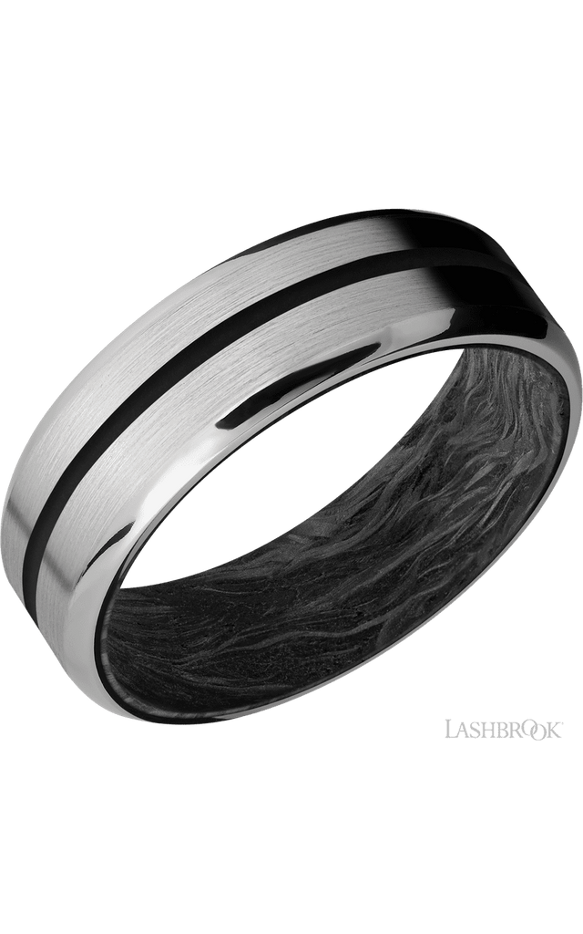 7 mm wide/Beveled/Titanium band with one 1 mm Centered inlay of Black also featuring a Forged Carbon Fiber sleeve.