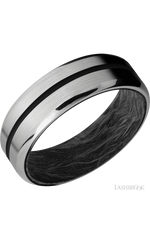 7 mm wide/Beveled/Titanium band with one 1 mm Centered inlay of Black also featuring a Forged Carbon Fiber sleeve.