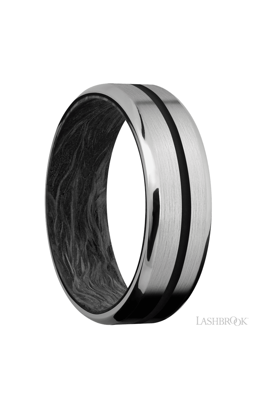 7 mm wide/Beveled/Titanium band with one 1 mm Centered inlay of Black also featuring a Forged Carbon Fiber sleeve.