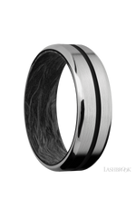 7 mm wide/Beveled/Titanium band with one 1 mm Centered inlay of Black also featuring a Forged Carbon Fiber sleeve.