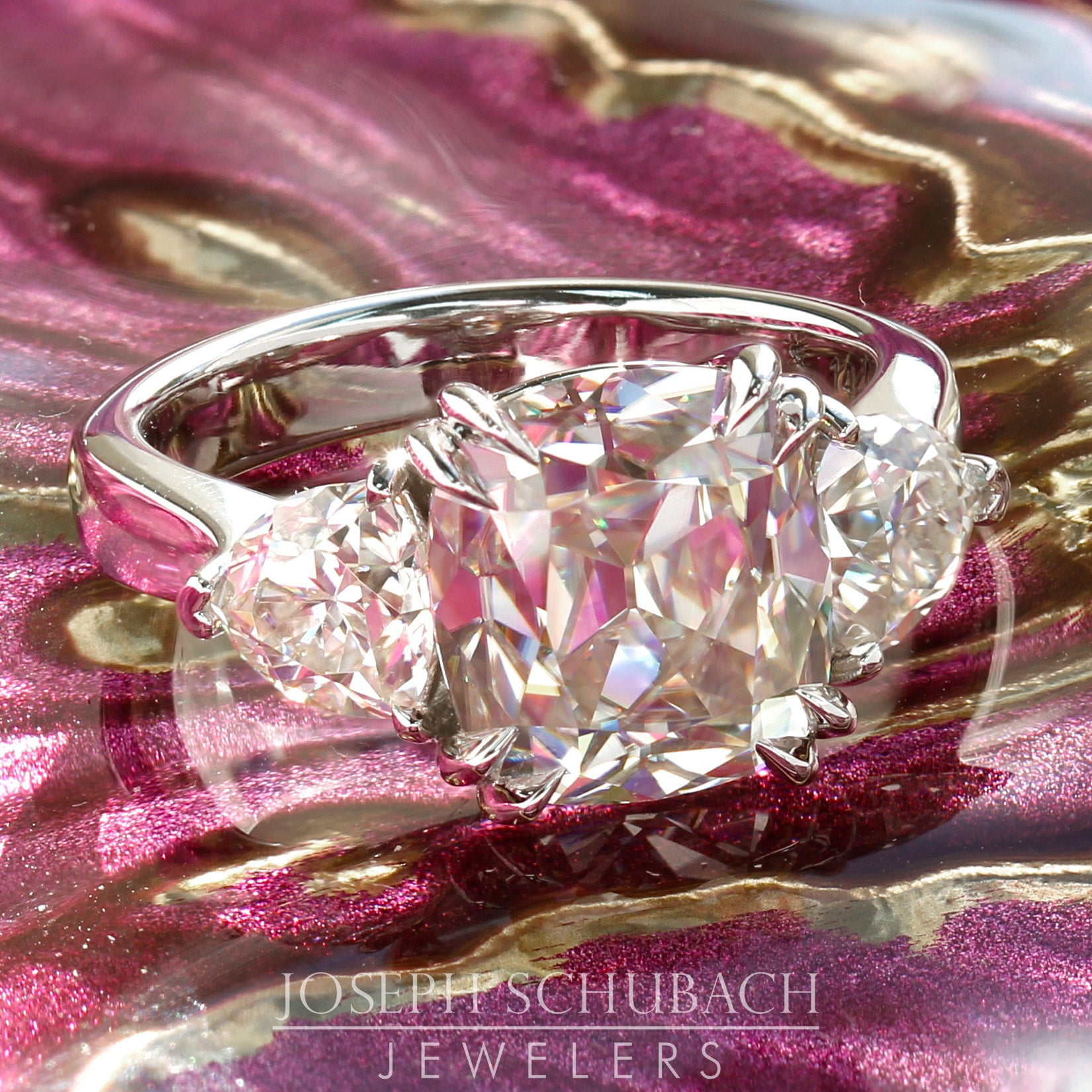 Casablanca Custom Made Three Stone Ring with Trillion Side Stones and Filigree Gallery (Style 103397)