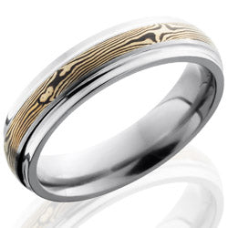 Style 103510: Titanium 5mm Domed Band with Grooved Edges and 14KW and Shakudo Mokume