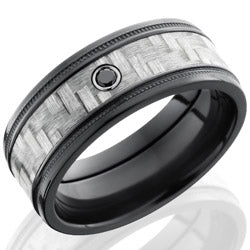 Style 103946: Zirconium 9mm Flat Band with 5mm of Silver Carbon Fiber, Grooved Edges and Bezel-set