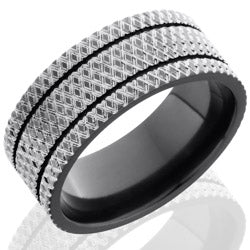 Style 103940: Zirconium 9mm Flat Band with two .5mm Grooves and Knurl Pattern