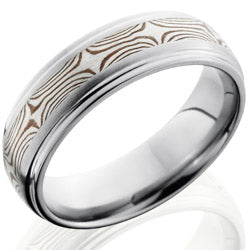 Style 103527: Titanium 7mm Domed Band with Grooved Edges and SS and Shakudo Mokume