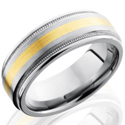 Style 103576: Titanium 8mm Flat Band with Rounded Edges, Milgrain, and 2mm 14KY