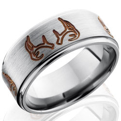 Style 103587: Titanium 9mm Flat Band with Grooved Edges and Antler Pattern