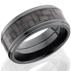 Style 103947: Zirconium 9mm Flat Band with 5mm of Carbon Fiber and Grooved Edges