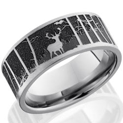 Style 103583: Titanium 9mm flat band with a laser carved elk pattern with mountain background