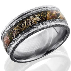 Style 103841: Damascus Steel 9mm domed band with rounded edges and 4mm Kings Mountain Camo