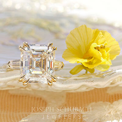 Custom Made Manhattan Three Stone Asscher Cut Engagement Ring with Bullet Side Stones Style 104601