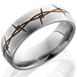 Style 103525: Titanium 7mm Domed Band with Anodized Barbed Wire Pattern