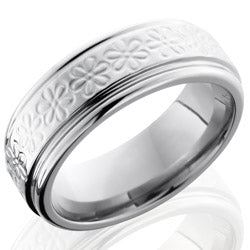 Style 103578: Titanium 8mm Flat Band with Rounded Edges and Flower Pattern