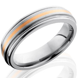 Style 103521: Titanium 6mm Flat Band with Rounded Edges, Milgrain, and 1mm 14KR